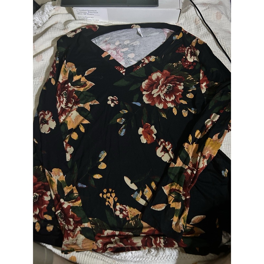 LONGYUAN Women 2XL Floral Blouse V Neck Long Sleeve Boho Stretch Top